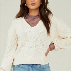 Altar'd State Cream V-Neck Popcorn Sweater